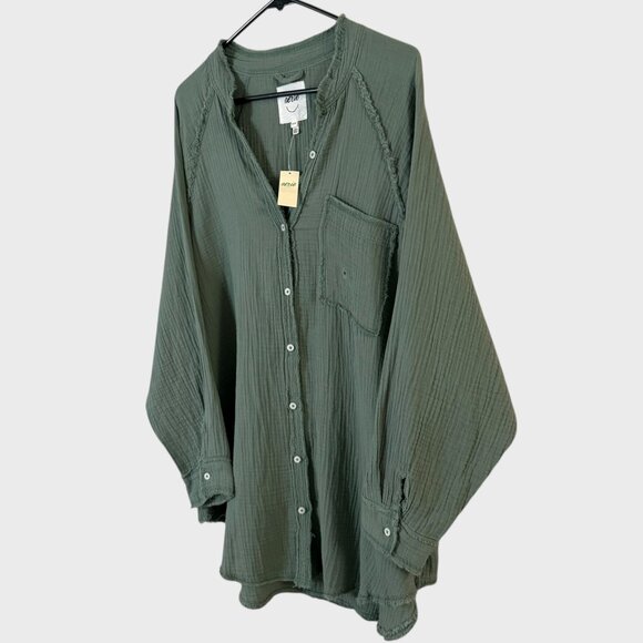 Aerie American Eagle Shirt Green Women's Medium Gauze Button-Up 100% Cotton NEW - Picture 2 of 14